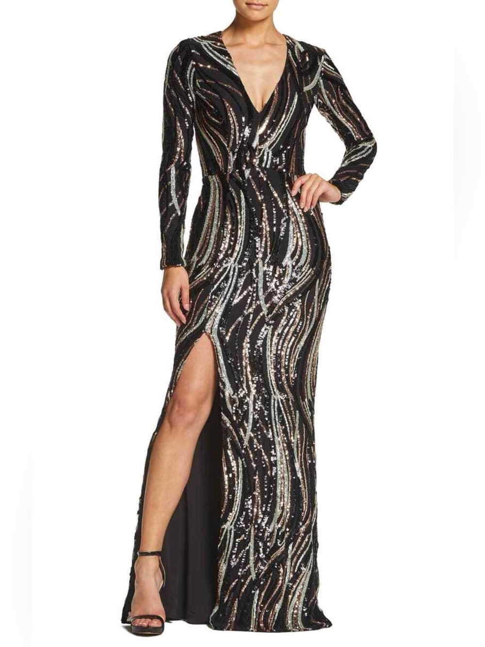 Dress the Population Black Long-Sleeve Sequin V-Neck Gown with Metallic Accents